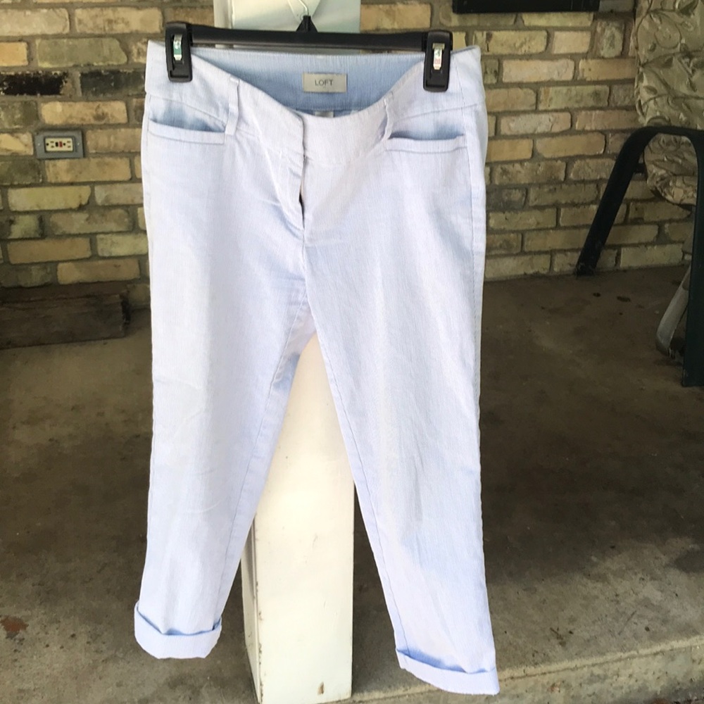 Stripped soft baby blue and white dress pants.